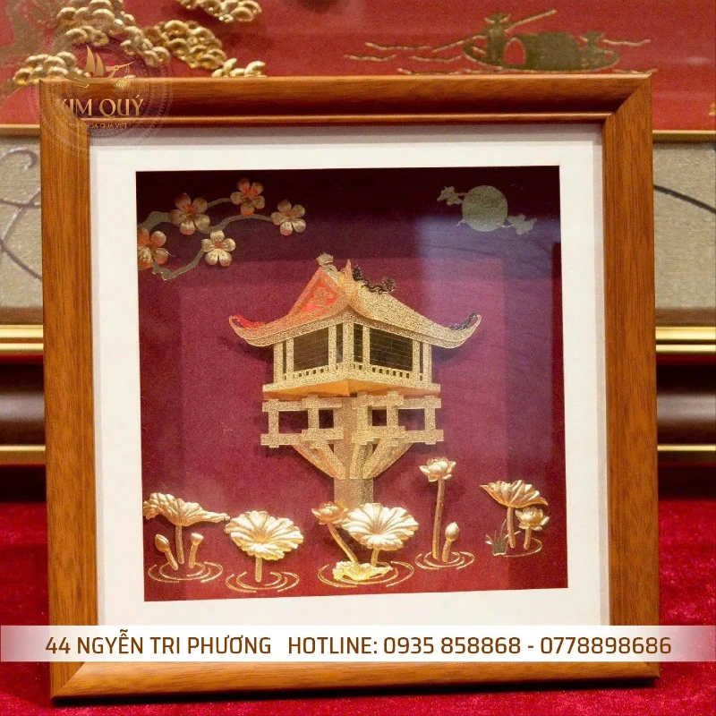 Tranh Chùa Một Cột dát vàng 24k