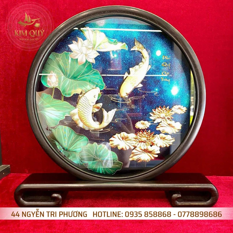 Tranh song ngư cát hạnh dát vàng 24k
